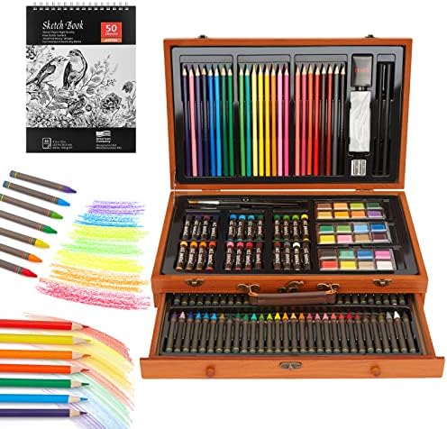 AGPTEK Art Set, 141 Pieces Deluxe Art Set, Wooden Painting Case & Art Supplies Kit with Crayons, Colored Pencils, Sketch Pencils, Paint Brushes, Sharpener and Eraser AGPtEK