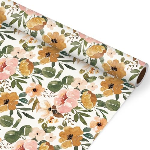 JarThenaAMCS Blue Gold Floral Wrapping Paper -Mini Roll- 17In x 32.8Ft Flower Berry Gift Wrap Paper Decorative Art Paper for Wedding Birthday Gift Packing Supplies JarThenaAMCS