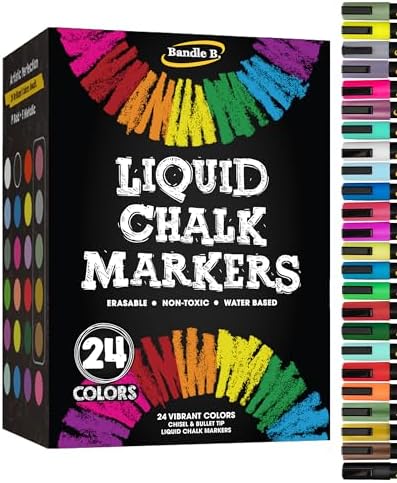 Bandle B. Liquid Chalk Markers - Pack of 24 - Non-Toxic, Water-Based, Erasable, Dust Free Chalk Pens for Chalkboards, Blackboards, Windows & Glass - 6mm Reversible Bullet & Chisel Tip Bandle B.