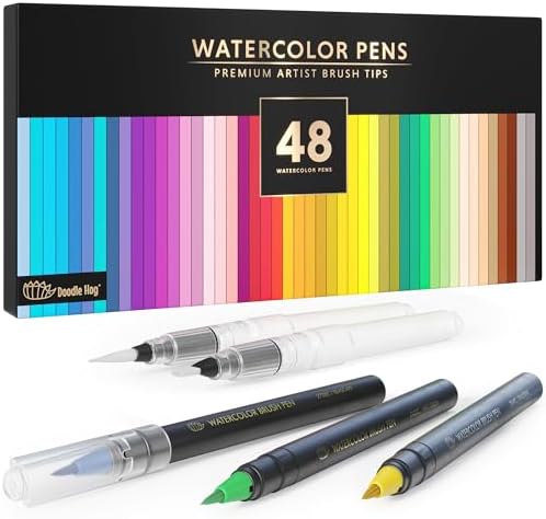 DOODLE HOG 48 Premium Watercolor Pens +2 Highly Blendable Markers, Real Brush Tip Watercolor Markers, Art Supplies for Adults, 48 Colors Gift Box DOODLE HOG