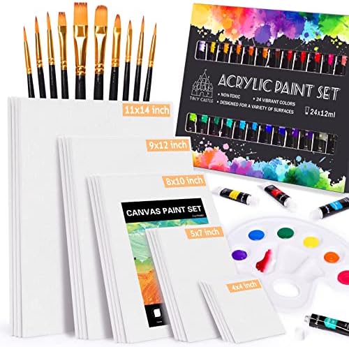 Canvases for Painting, Painting Supplies with 20 Cotton Canvas Panels, 4x4, 5x7, 8x10, 9x12, 11x14 inches (4 of Each), with 24 Acrylic Paints, 10 Brushes, Painting Canvas Set for Multimedia Tiny Castle