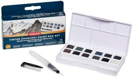 Derwent Tinted Charcoal Paint Pan Set, 12 Paints, Professional Quality, Water Soluble, Blendable, Portable, Includes Palettes, Mini Waterbrush & Cleaning Sponge (2305872) Derwent