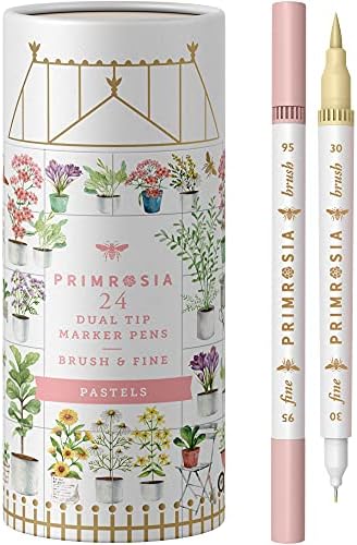 Primrosia 24 Pastel Dual Tip Markers, Fine Tip and Brush Pens. Perfect for art, illustration, drawing, calligraphy and bullet journals Primrosia