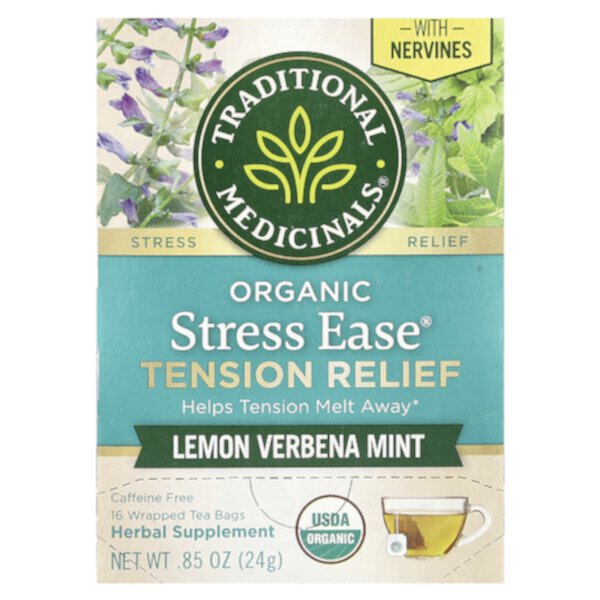 Органический чай для снятия стресса Organic Stress Ease®, лимонная вербена и мята, без кофеина, 16 чайных пакетиков, 24 г Traditional Medicinals