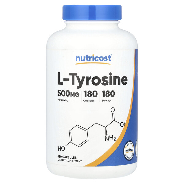 L-Тирозин 500 мг капсулы по 0,5 г 180 шт - Без Глютена, Не ГМО, Проверено третьими лицами Nutricost