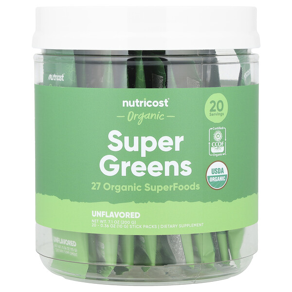 Organic Super Greens, Unflavored, 20 Stick Packs, 0.36 oz (10 g) Each Nutricost