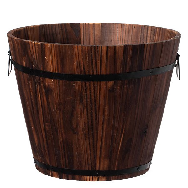 Rustic Wooden Whiskey Barrel Planter with Durable Medal Handles and Drainage Hole Gardenised