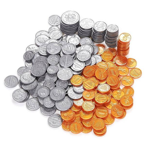 250 Fake Plastic Penny Coins Novelty Play Toy Prizes Parties Copper Silver Blue Panda