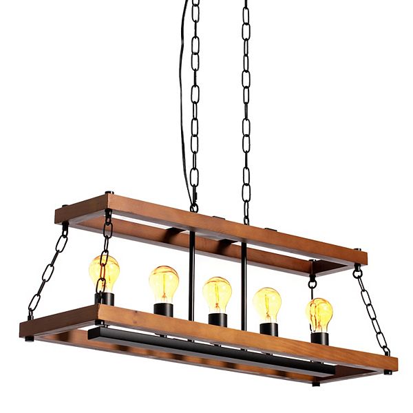 Quickway Imports Wooden Rectangle 5-Bulb Ceiling Hanging Light Fixture with Chain Quickwayimports