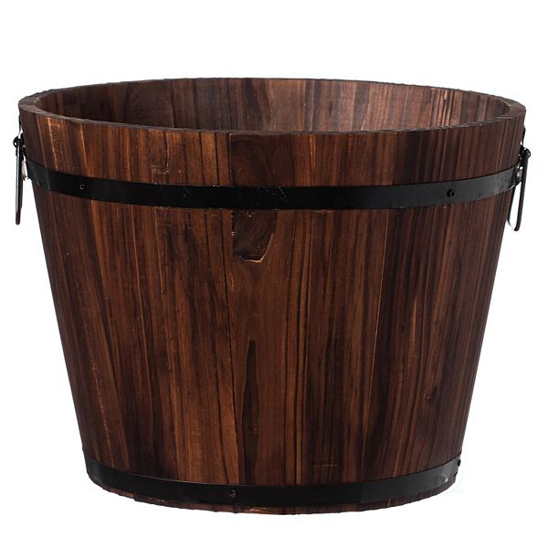 Rustic Wooden Whiskey Barrel Planter with Durable Medal Handles and Drainage Hole Gardenised