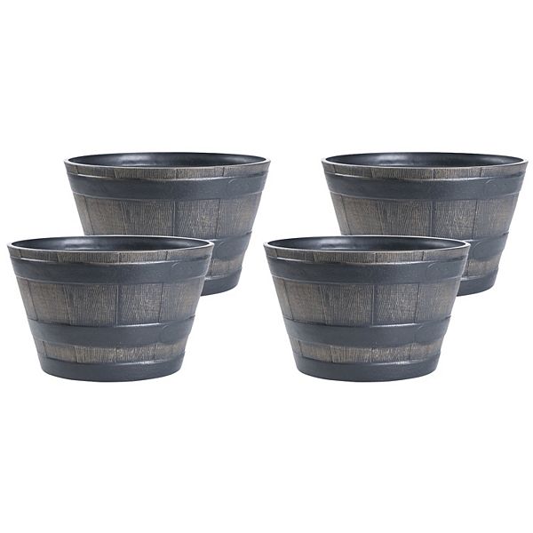 Rustic Wood- Look Plastic Half Barrel Flowerpot Bucket Planter, Set of 4 Gardenised