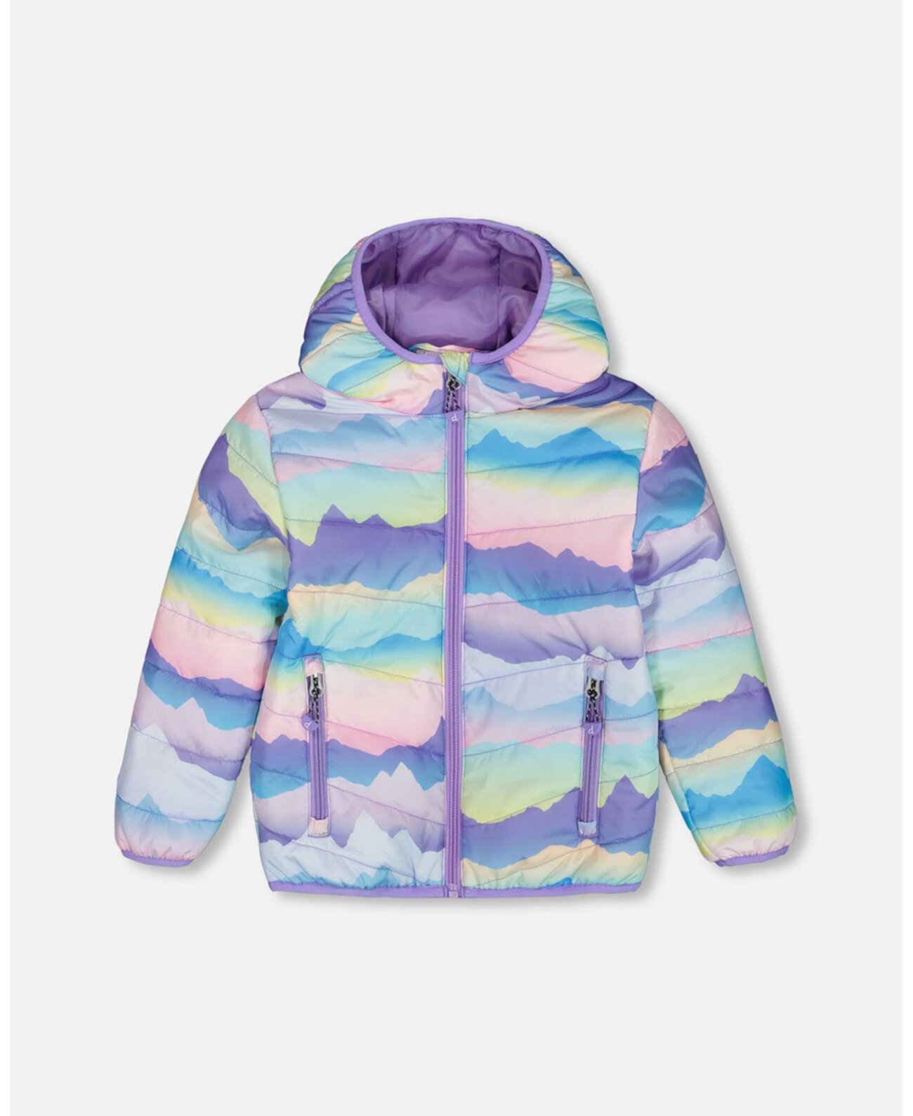 Toddler Girls Printed Quilted Mid-Season Jacket Mauve And Blue, Pink Mountain - Toddler|Child Deux par Deux