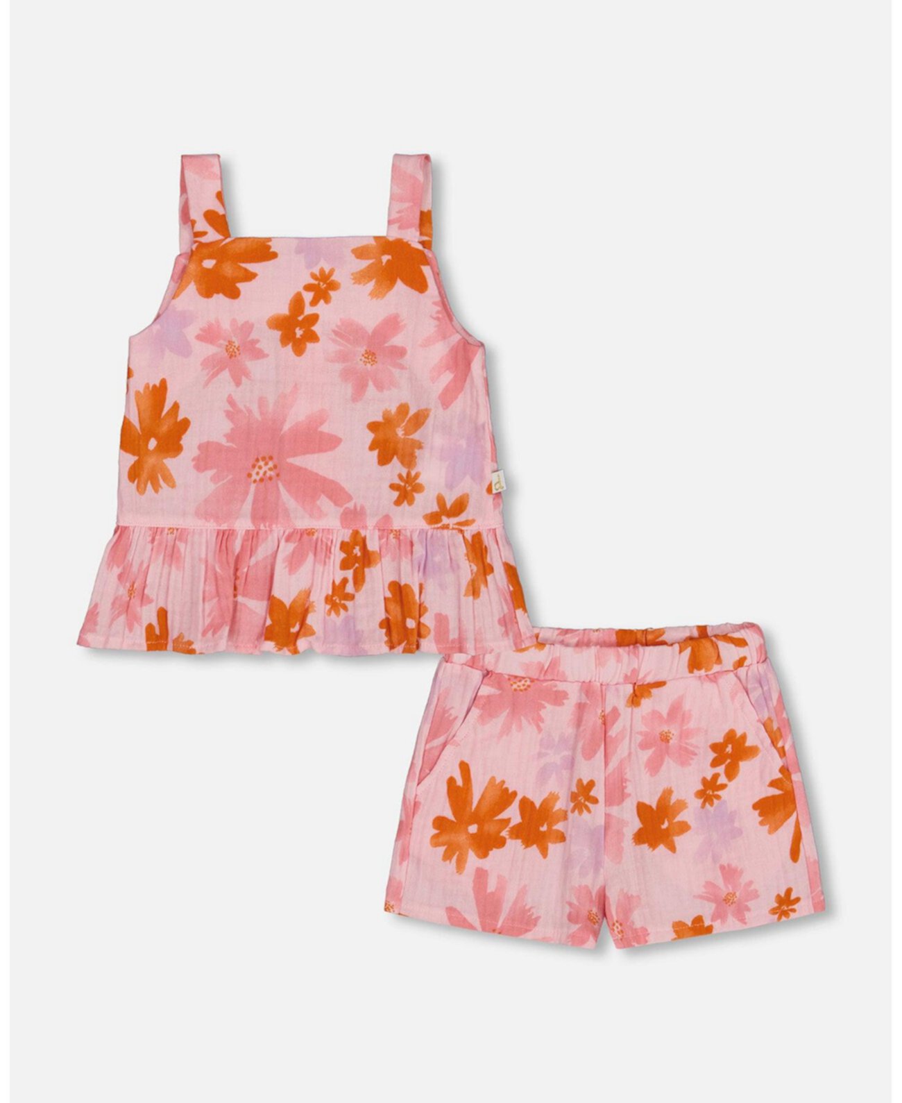 Toddler Girls Printed Tank Top And Short Muslin Set With Frills Pink And Coral Flowers - Toddler|Child Deux par Deux