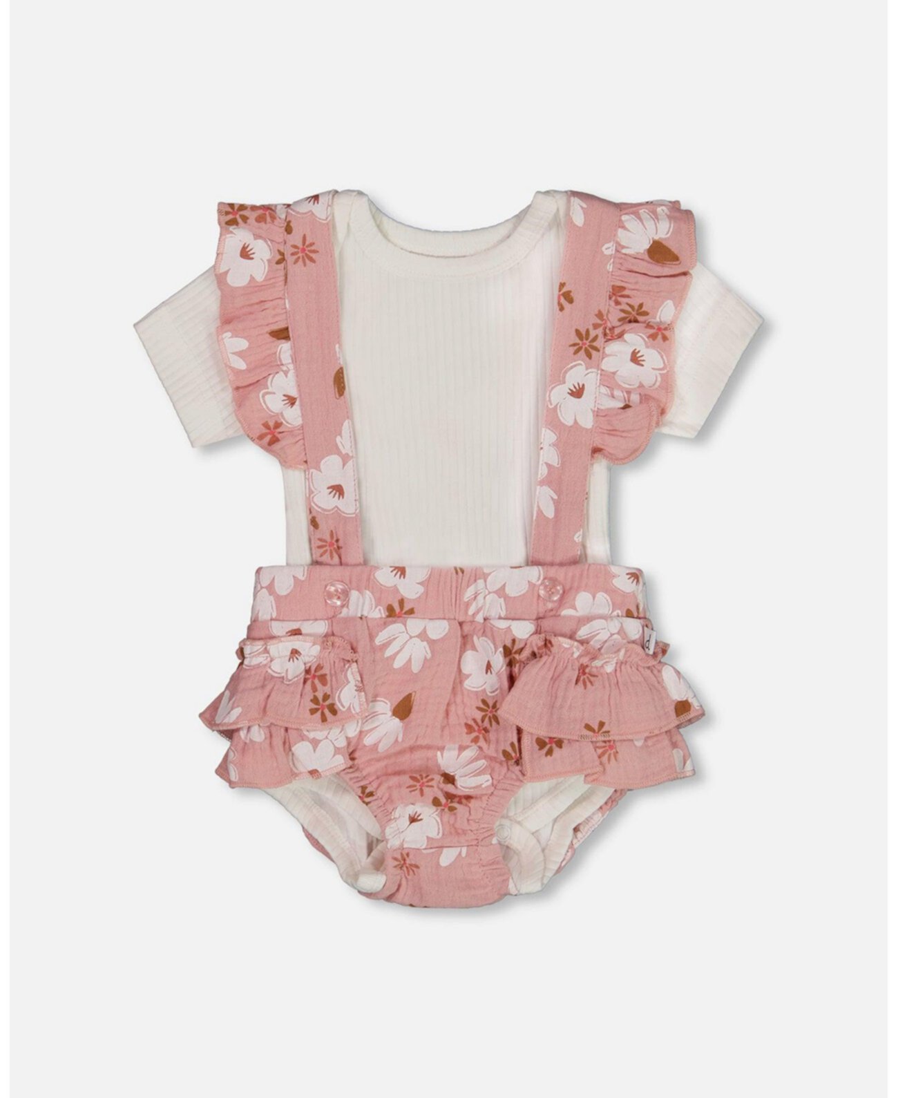 Baby Girls Printed Muslin Short And Organic Cotton Bodysuit Set Pink And White Flowers Deux par Deux