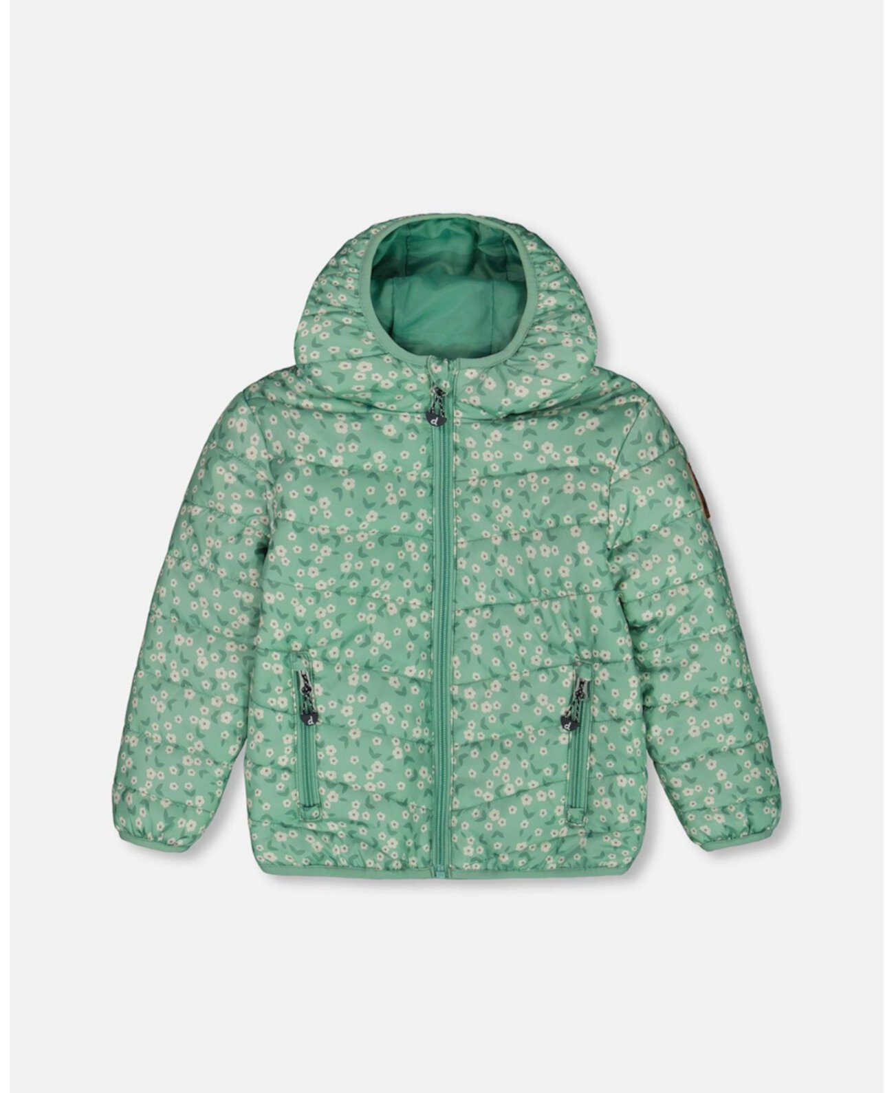 Big Girls Printed Quilted Mid-Season Jacket Small White Flowers On Sage Green Background Deux par Deux