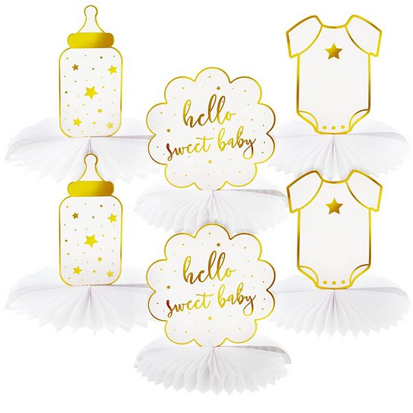 6 Pack 3 Designs Gold Foil Honeycomb Centerpiece For Baby Shower Decorations Sparkle and Bash