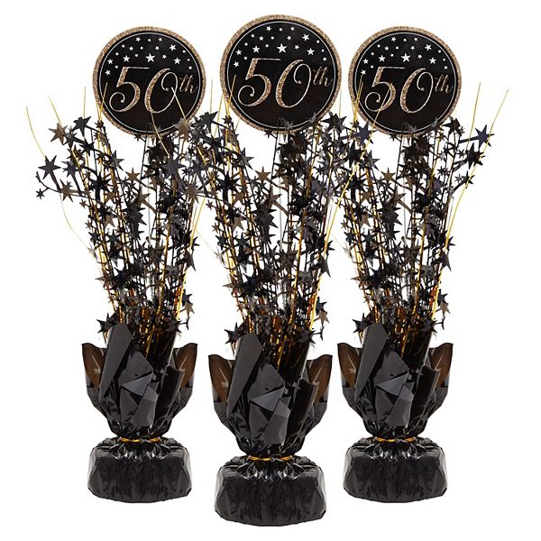 3 Pack 50th Birthday & Anniversary Decor Black Gold Cascading Centerpieces 14.5" Sparkle and Bash