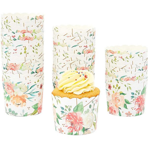 50 Pack Watercolor Floral Cupcake Wrappers, Flower Paper Liners, 2.25 X 2.75 In Sparkle and Bash