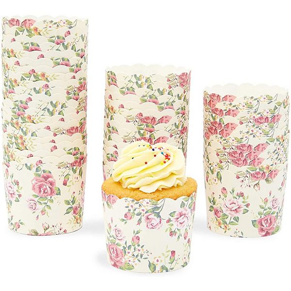 50 Pack Floral Cupcake Wrappers For Wedding, Flower Paper Liners, 2.2x2.7" Sparkle and Bash