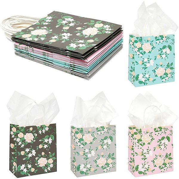 Small Floral Kraft Gift Bags With Handles In 4 Colors (8 X 9 X 4 In, 12 Pack) Sparkle and Bash