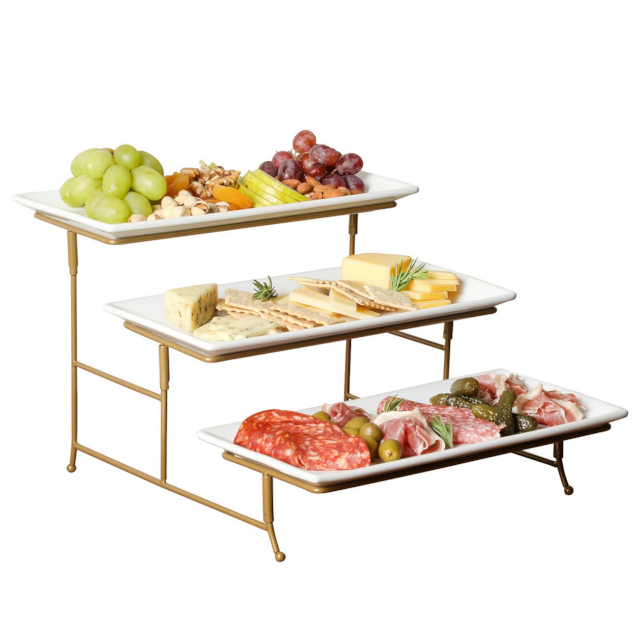 Gracious Dining Dinnerware, 3-Tier Rectangle Plate Serving Set with Gold Metal Stand, White Gibson Home