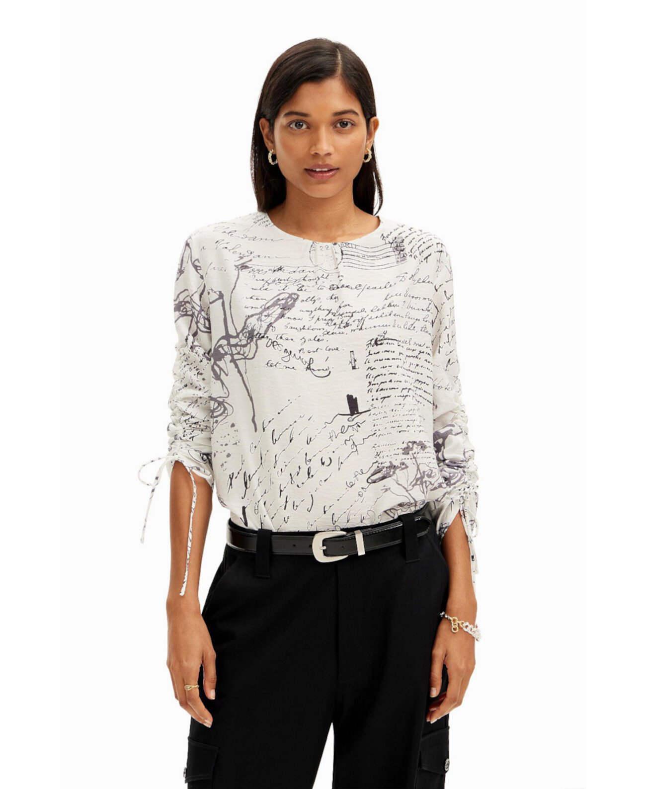 Women's Blouse with adjustable sleeves and text prints. Desigual