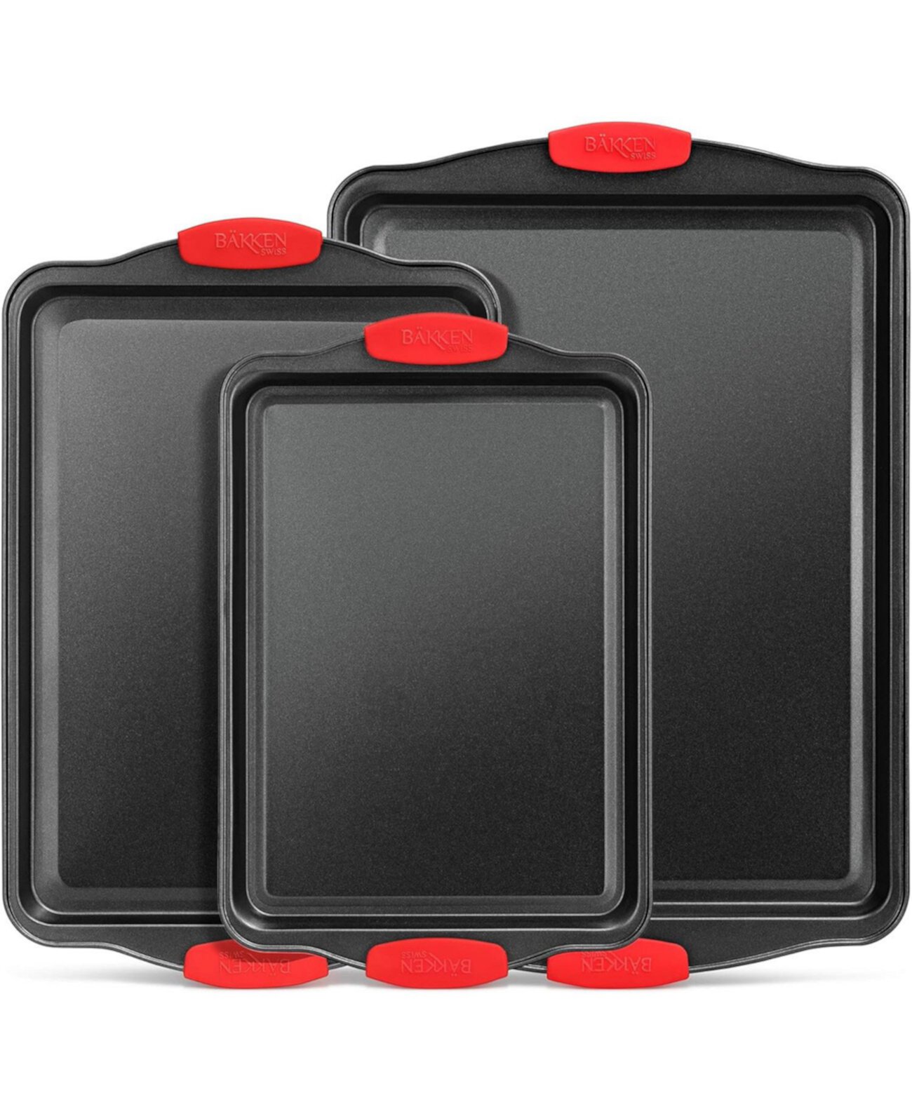 Cookie Sheets for Baking Nonstick Set - 3-Piece Stackable Carbon Steel Baking Sheet Pans Set with Silicone Handles, Non Toxic Cookie Sheets for Baking Bakeware Set - Black Bakken- Swiss