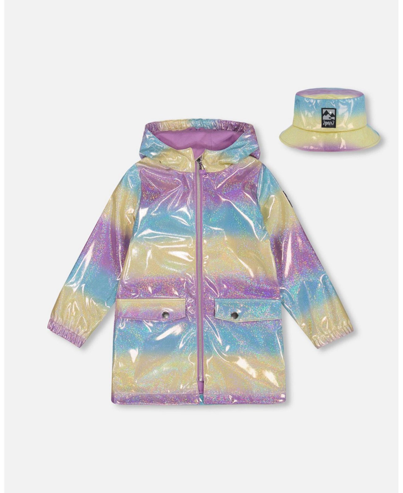 Big Girls Printed Rain Coat With Hat Mauve Blue And Yellow Glitter Gradient Deux par Deux