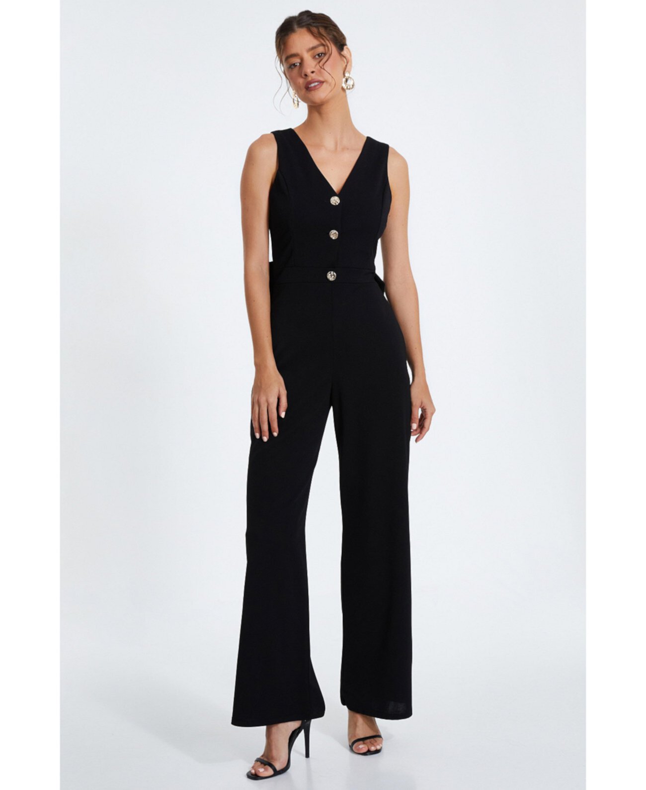 Women's Button Front Scuba Crepe Jumpsuit With Open Back Quiz