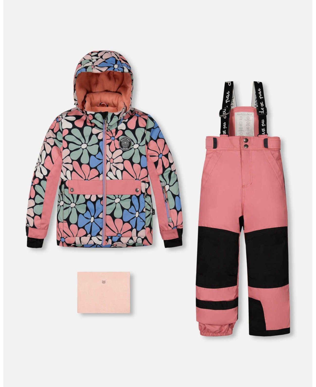 Big Girls Two Piece Snowsuit Printed Retro Flowers With Pink Deux par Deux