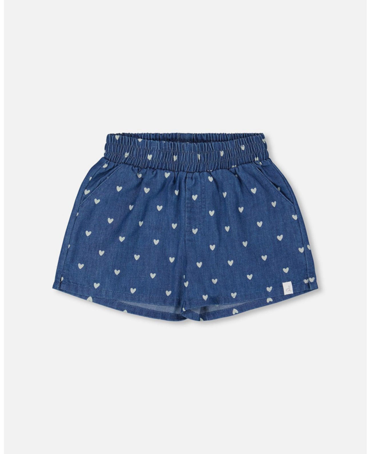 Big Girls Printed Chambray Short Navy Blue And White Hearts Deux par Deux