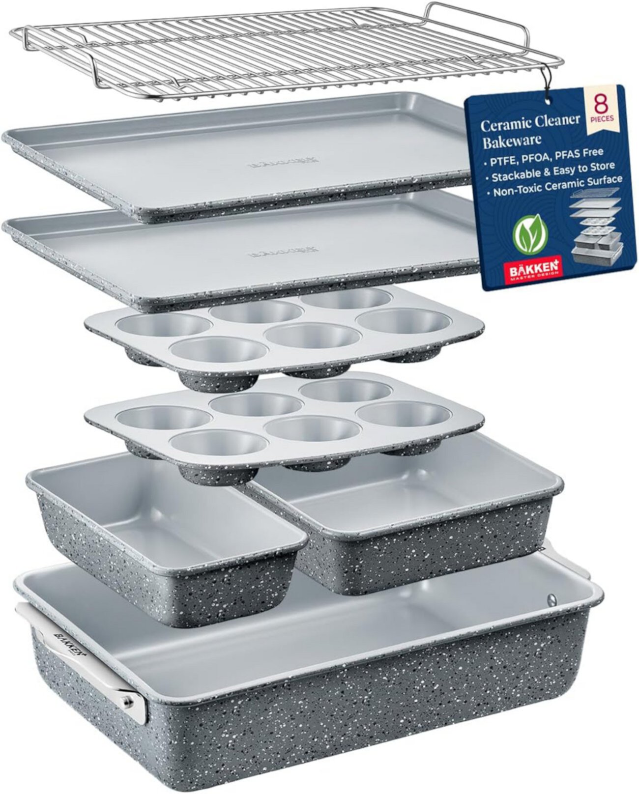 Bakken- Swiss Bakken 8-Piece Stackable Bakeware Set - Ceramic Non-Stick Coating, Baking Sheets, Assorted Baking Pans, PTFE, PFOA & PFOS Free - Healthy Baking, Ergonomic Handles, Cooling Rack, Non-Toxic, Oven-Safe Bakken Swiss