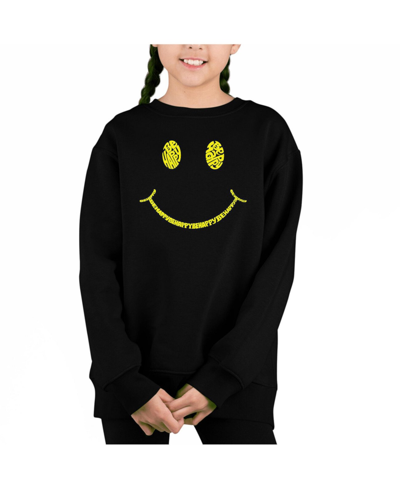 Be Happy Smiley Face - Big Girl's Word Art Crewneck Sweatshirt LA Pop Art