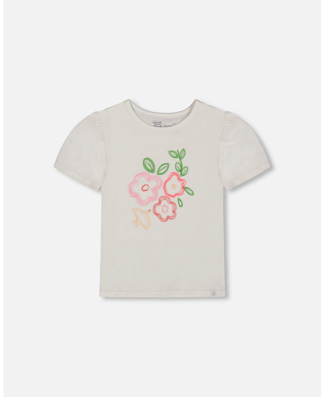 Toddler Girls Organic Cotton Tee With Puff Sleeve Pink Flower On White Background - Toddler|Child Deux par Deux