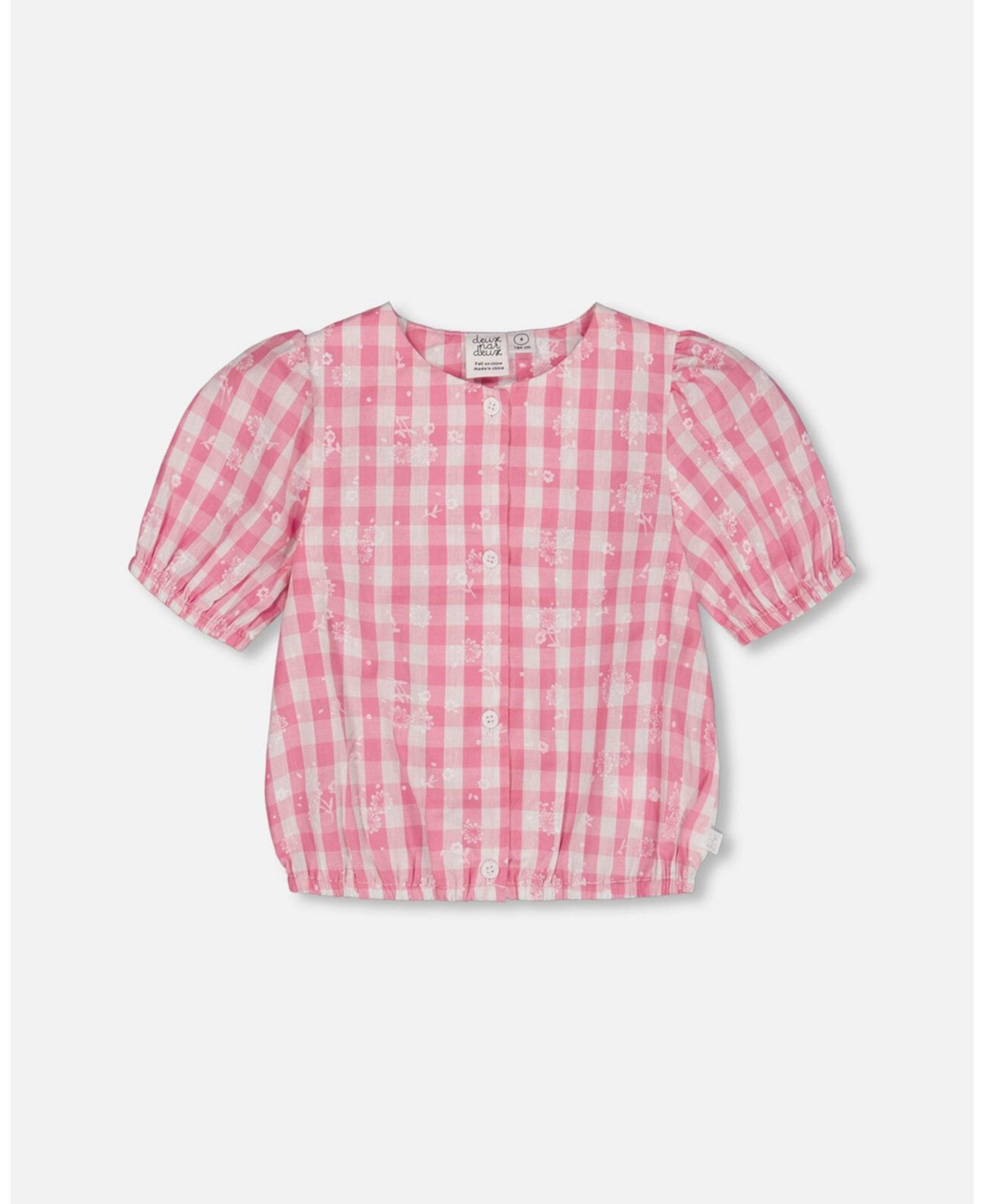 Big Girls Puff Sleeve Top Pink And White Checks Deux par Deux