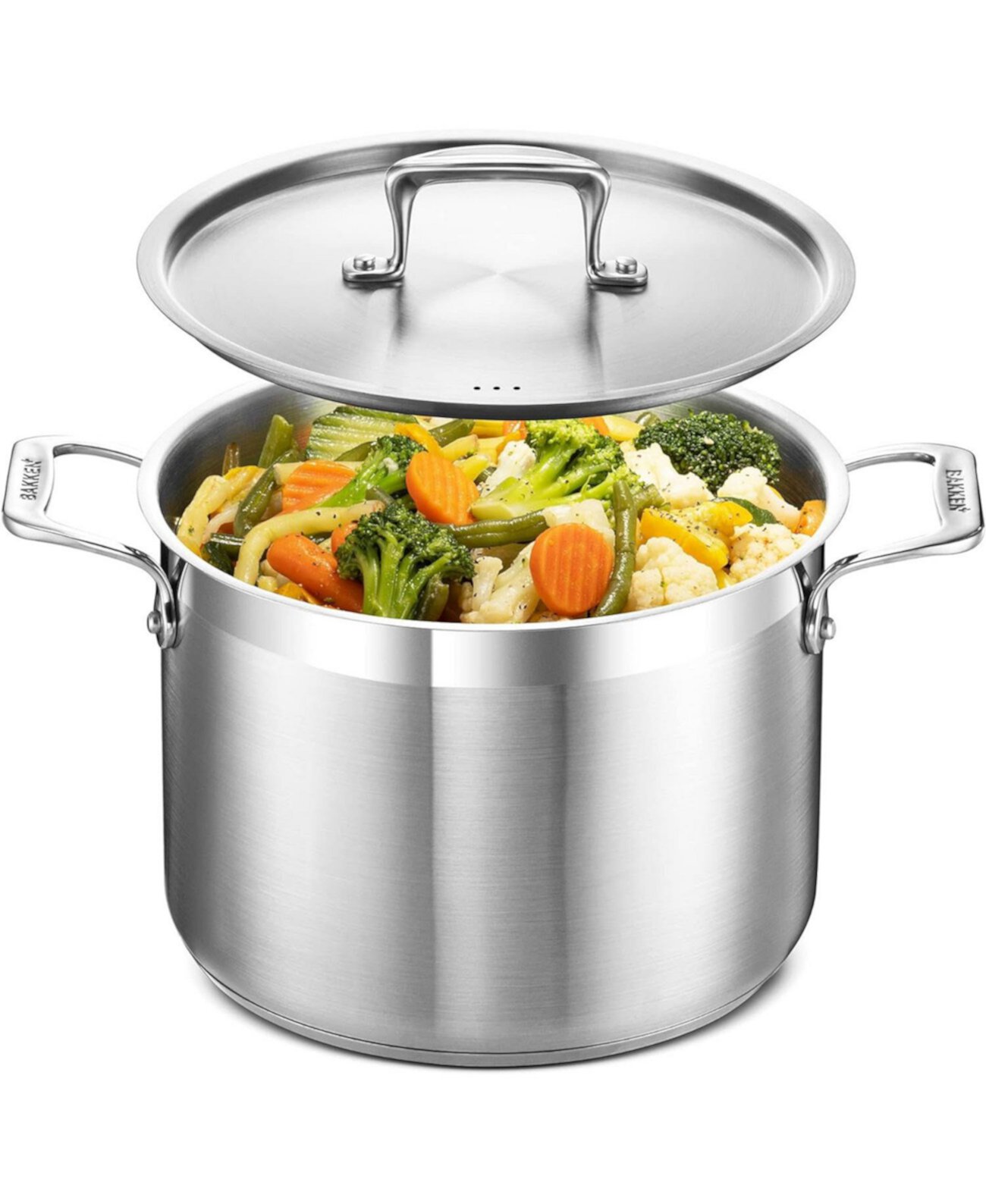 Stockpot &#x2013; 8 Quart &#x2013; Brushed Stainless Steel &#x2013; Heavy Duty Induction Pot with Lid and Riveted Handles &#x2013; For Soup, Seafood, Stock, Canning and for Catering for Large Groups and Events by BAKKEN Bakken- Swiss