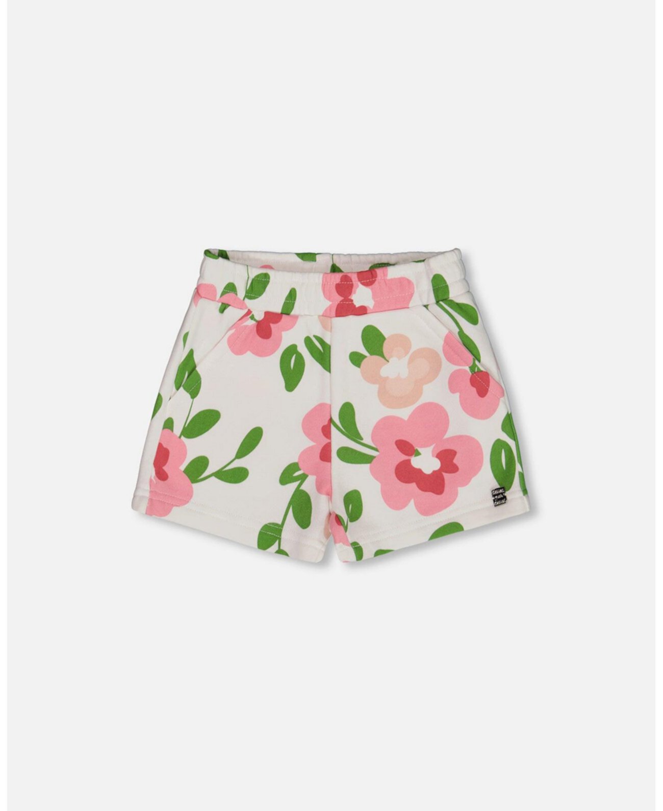 Big Girls Printed French Terry Short Pink Flowers On White Background Deux par Deux