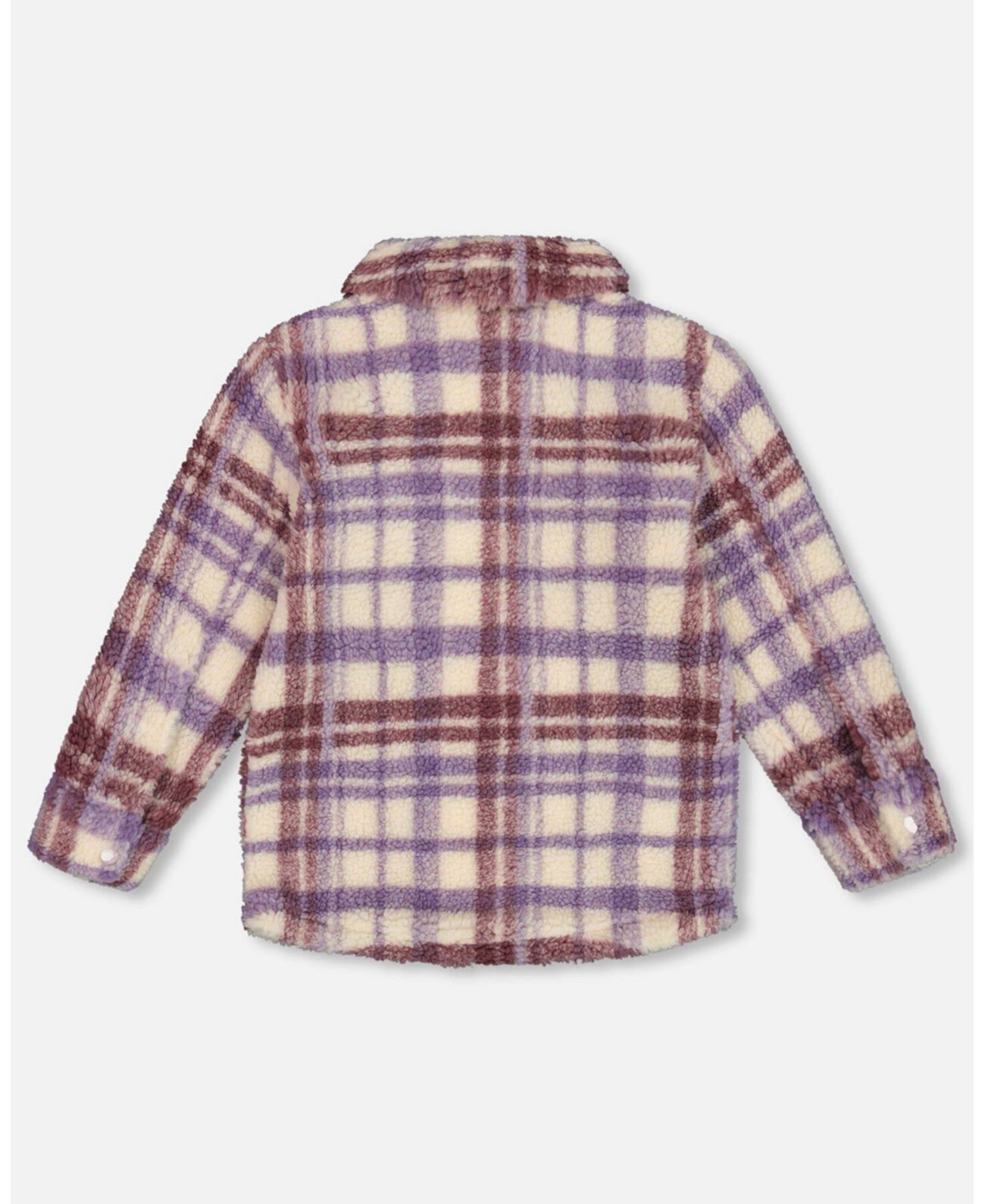 Big Girls Zip Front Sherpa Overshirt Plaid Purple And White Deux par Deux