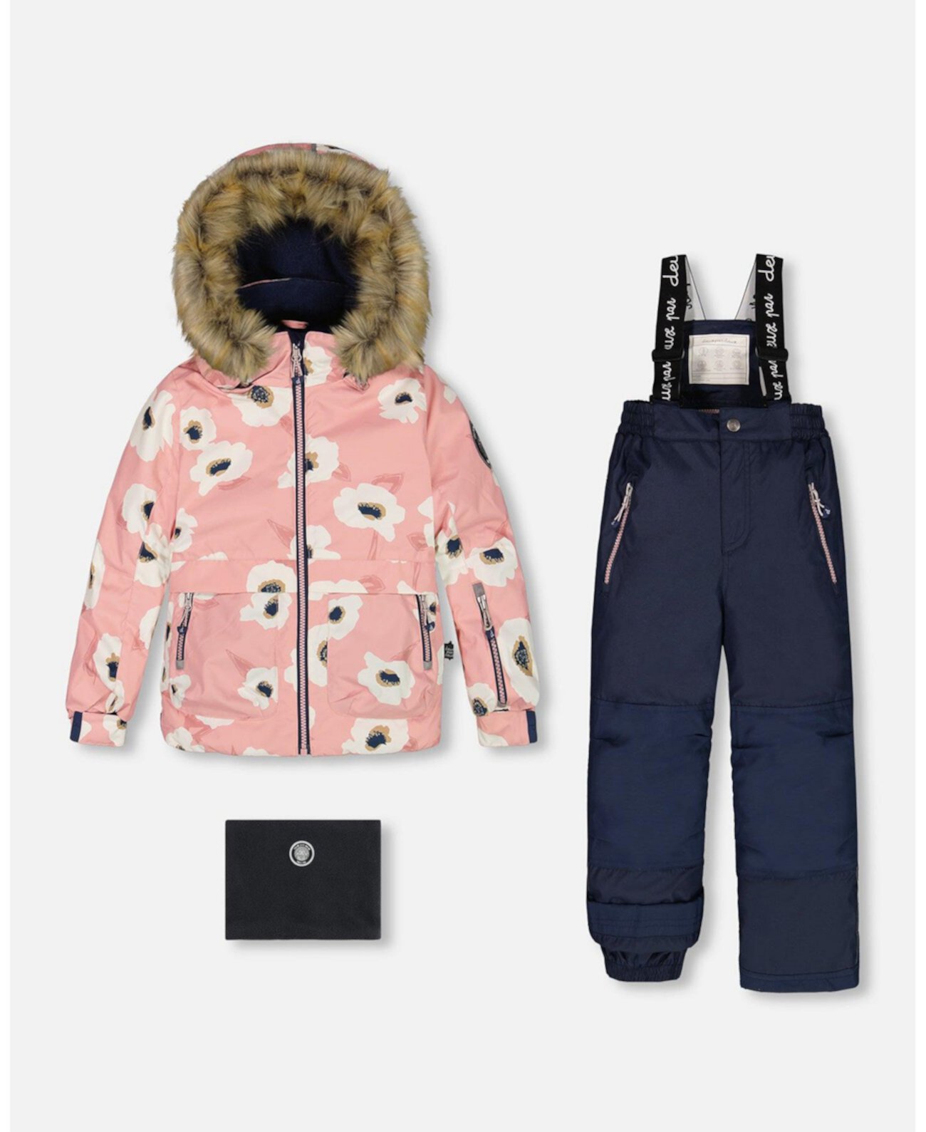 Big Girls Two Piece Snowsuit Pink Printed Off White Flowers And Navy Deux par Deux