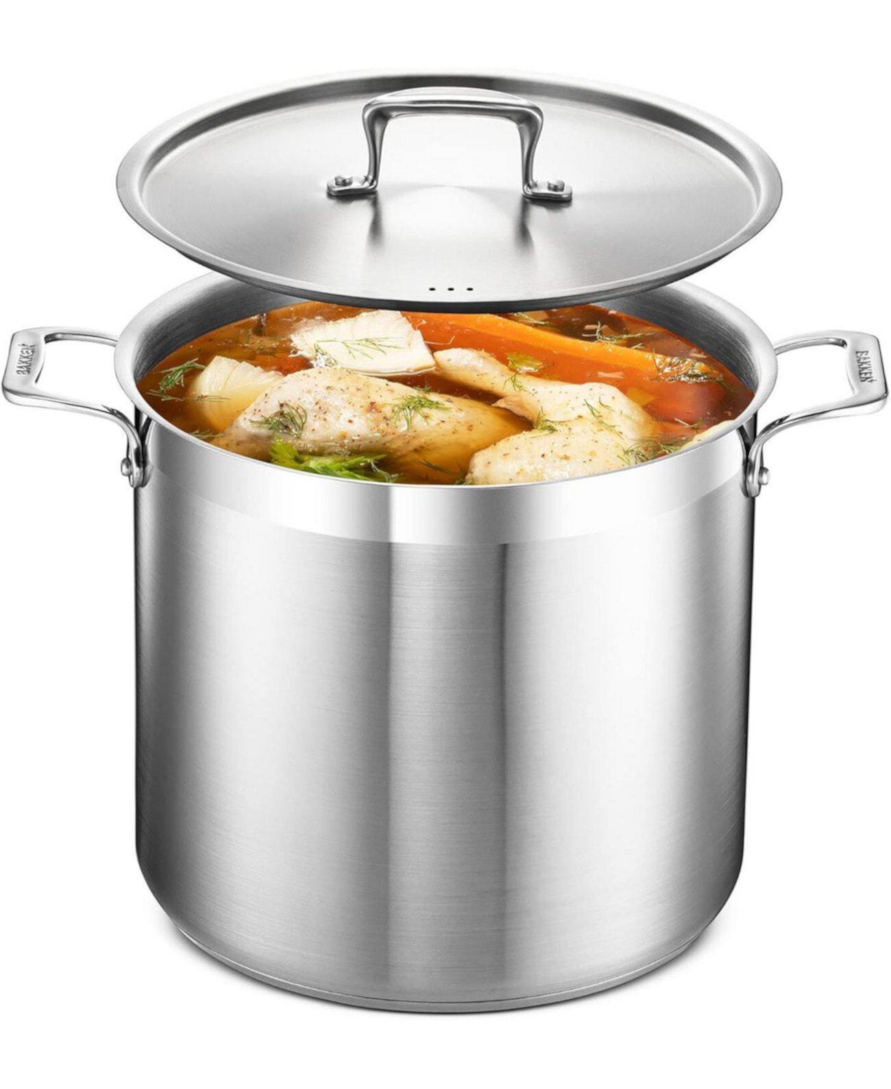 Stockpot &#x2013; 16 Quart &#x2013; Brushed Stainless Steel &#x2013; Heavy Duty Induction Pot with Lid and Riveted Handles &#x2013; For Soup, Seafood, Stock, Canning and for Catering for Large Groups and Events by BAKKEN Bakken- Swiss