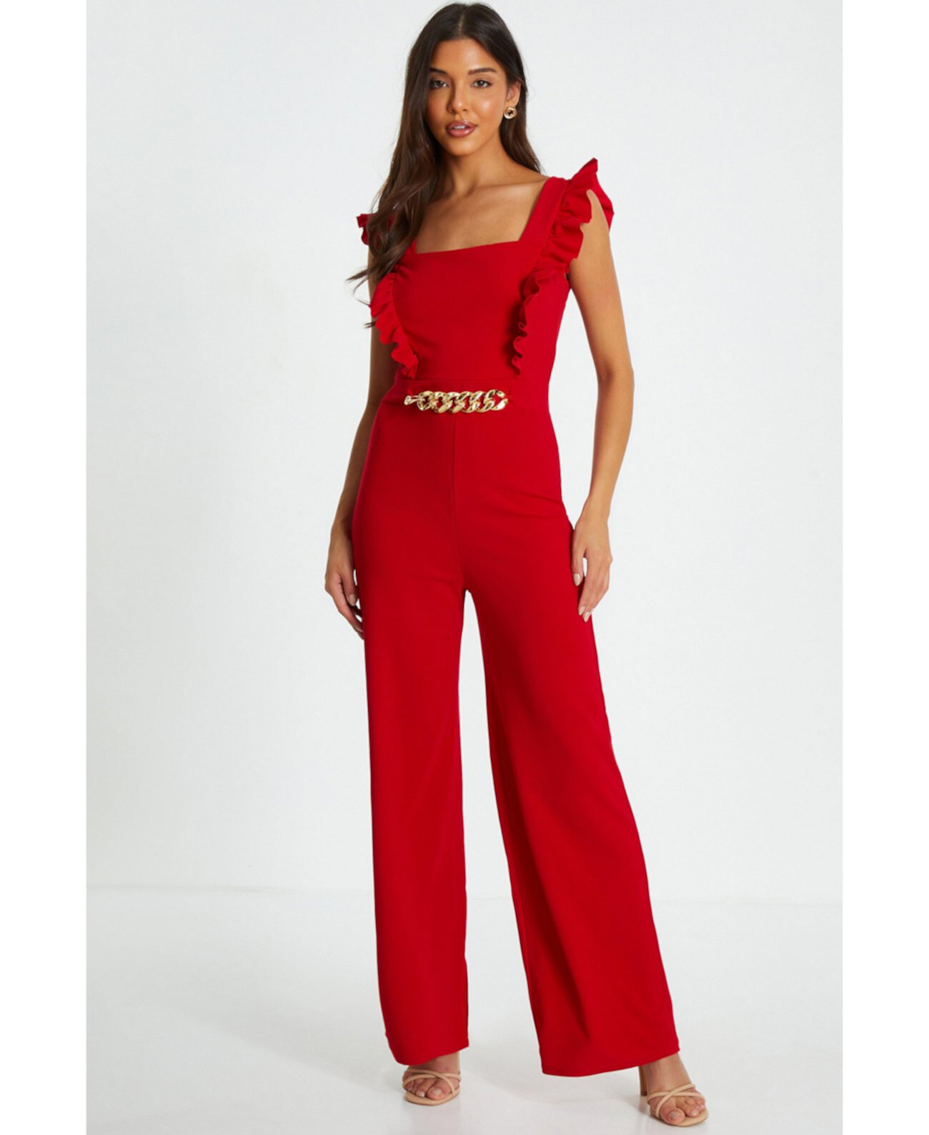 Women's Scuba Crepe Frill Sleeve Chain Belt Palazzo Jumpsuit Quiz