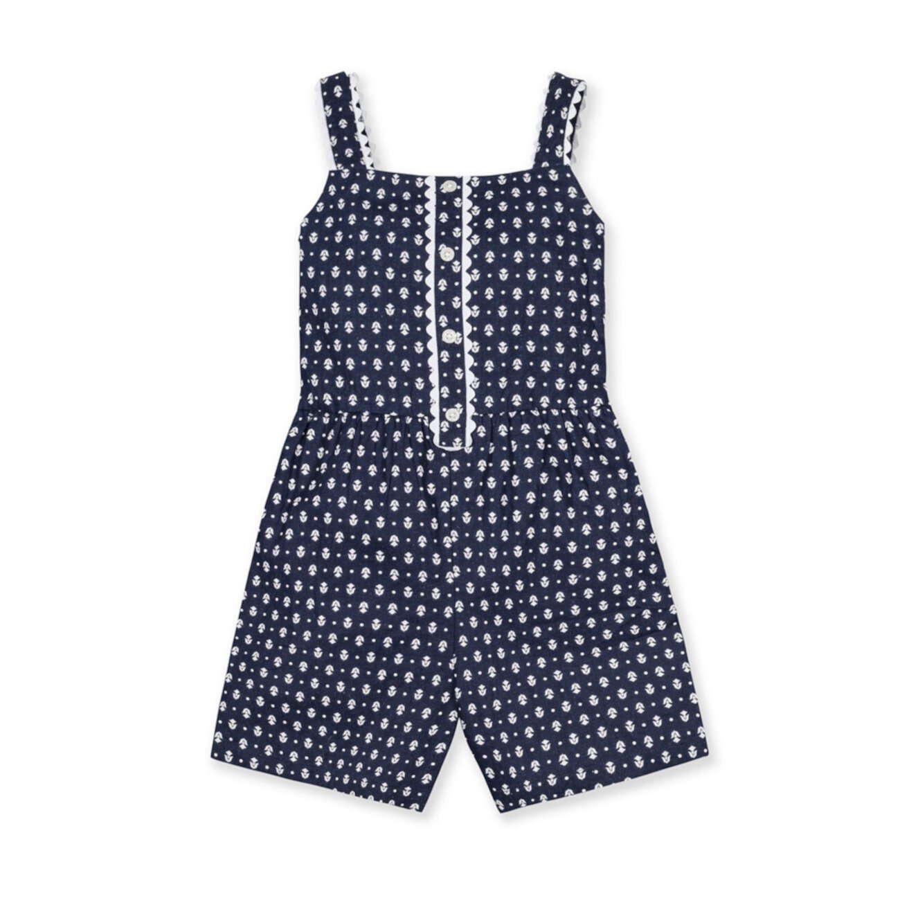 Girls' Scallop Trim Button Front Linen Romper, Kids Hope & Henry