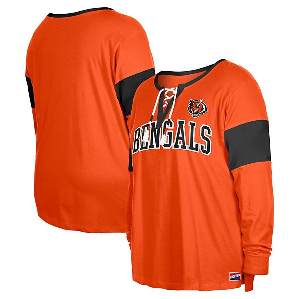 Women's New Era Orange Cincinnati Bengals Plus Size Lace-Up Notch Neck Long Sleeve T-Shirt New Era