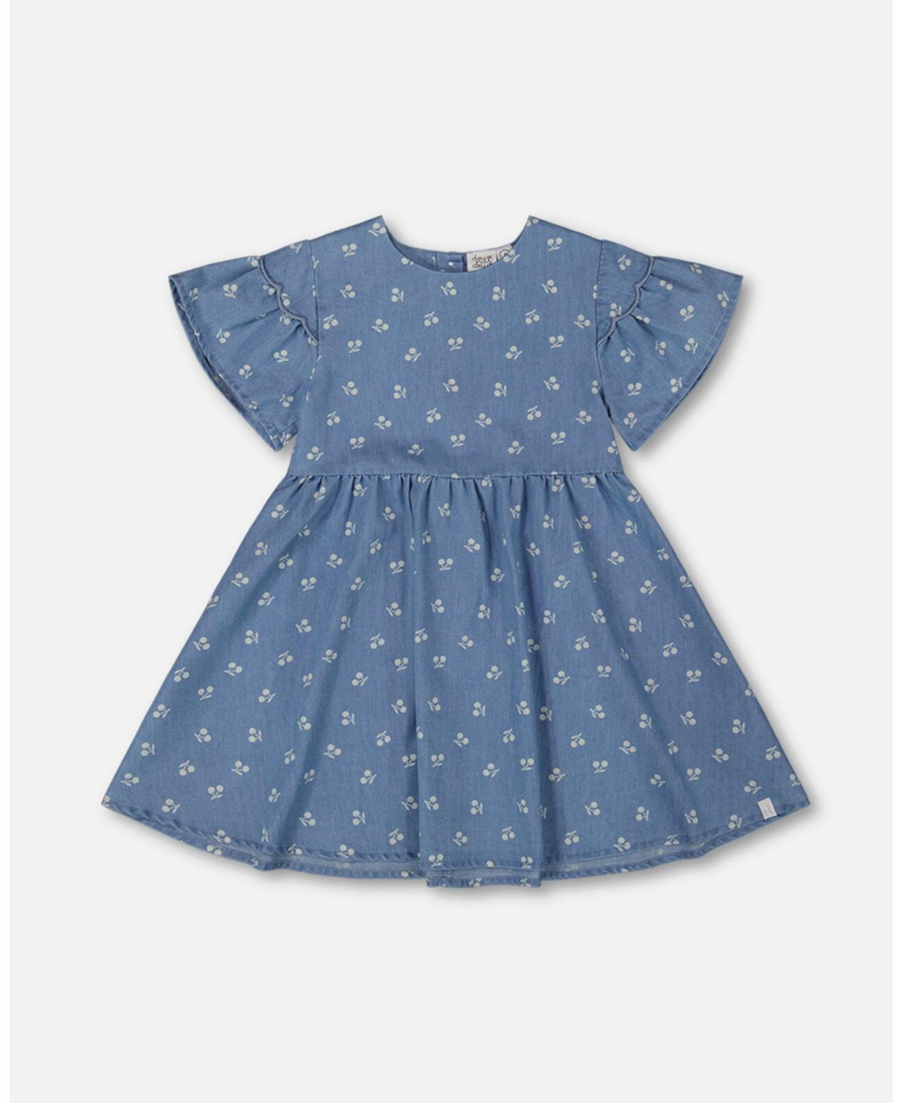 Big Girls Printed Chambray Dress Blue And White Cherries Deux par Deux