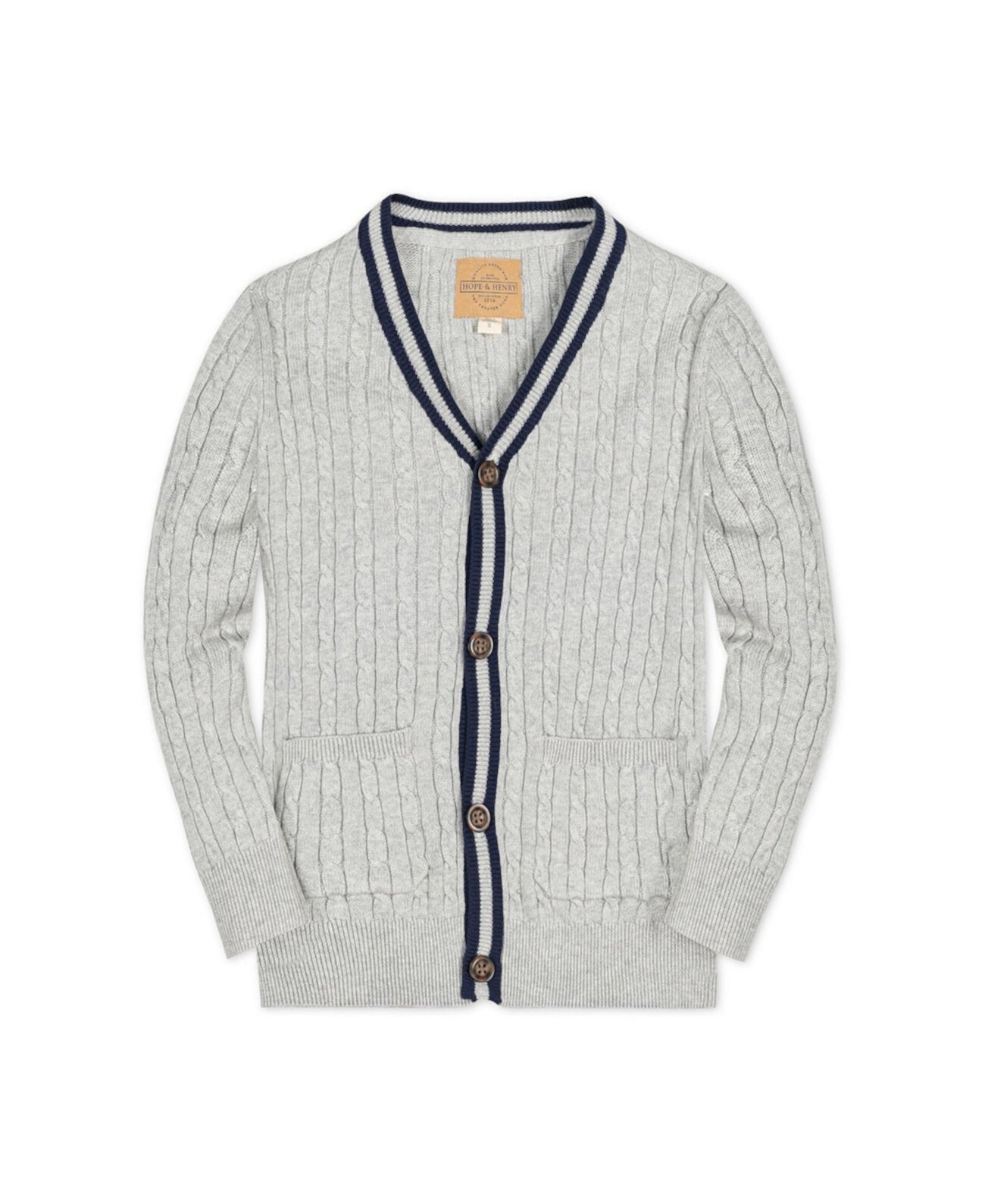 Baby Boys Organic Long Sleeve Cable Knit Cardigan Sweater with Stripe Trim Hope & Henry