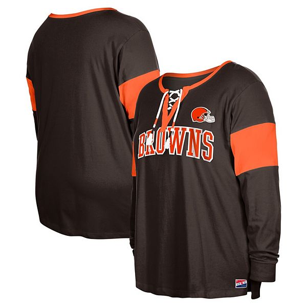 Women's New Era Brown Cleveland Browns Plus Size Lace-Up Notch Neck Long Sleeve T-Shirt New Era