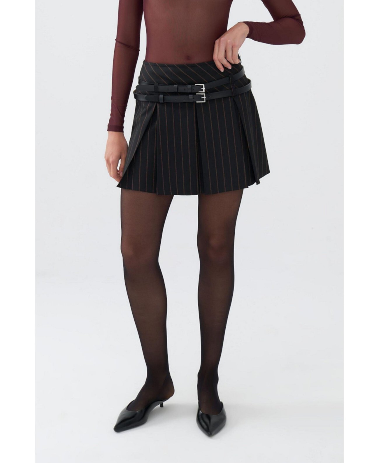 Women's Double Belted Pleated Mini Skirt Nocturne