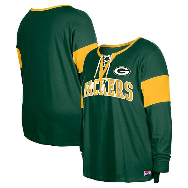 Women's New Era Green Green Bay Packers Plus Size Lace-Up Notch Neck Long Sleeve T-Shirt New Era