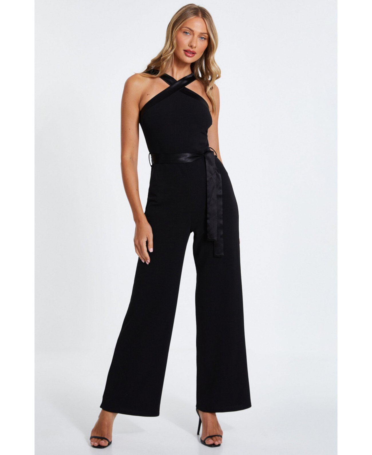 Women's Scuba Crepe Halter Jumpsuit with Satin Trim Quiz