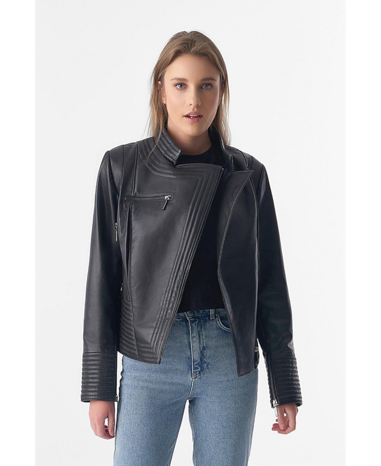 Women's Genuine Leather Riser Biker Jacket, Black Furniq UK